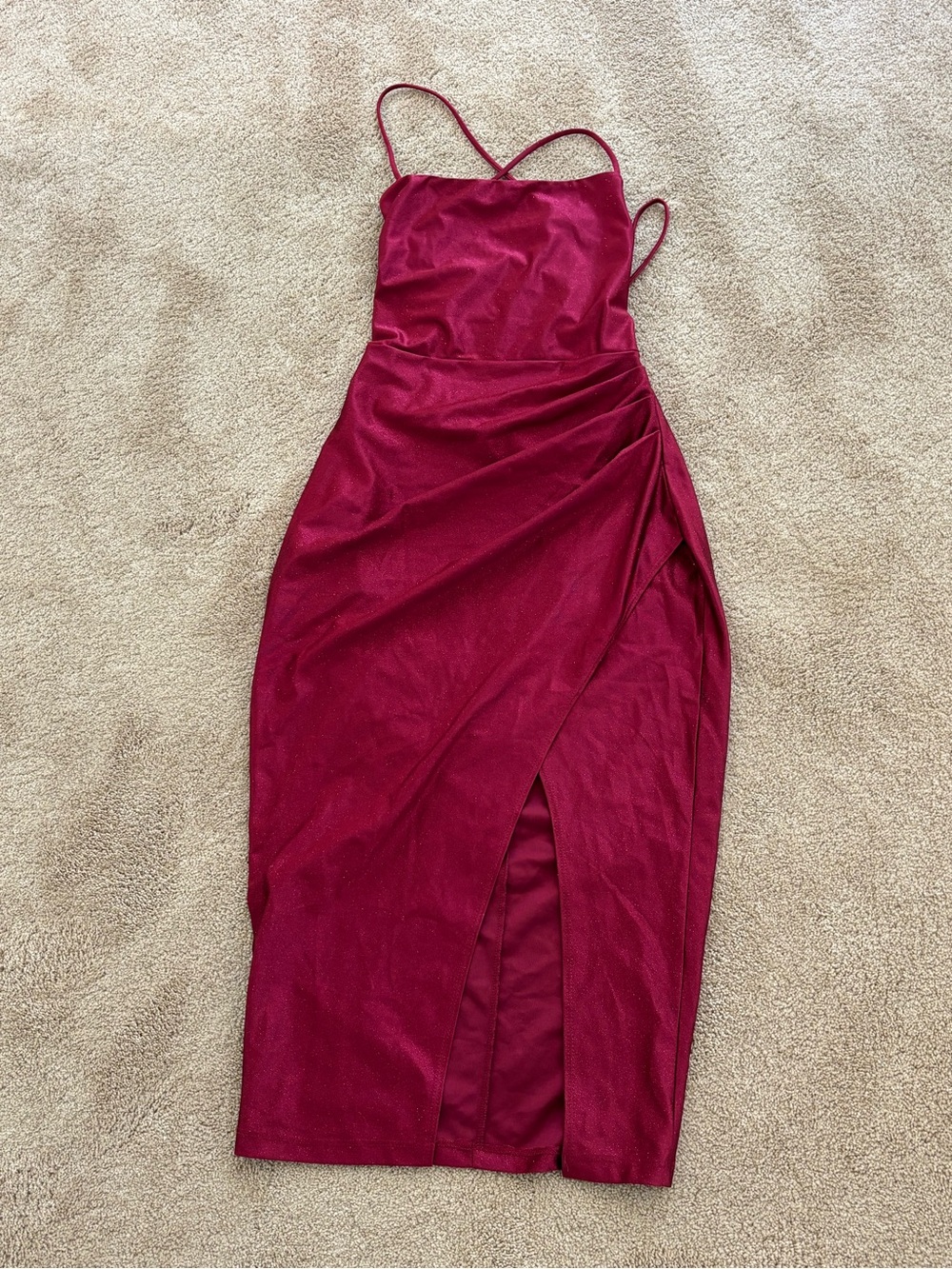 Windsor Wine Red Spaghetti Strap Midi Dress with Side Slit